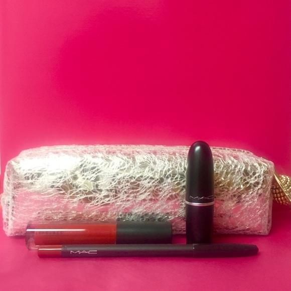 MAC Red Lipstick Lipgloss Pencil for Lips Full Size Makeup Bag Pouch Set New NWT